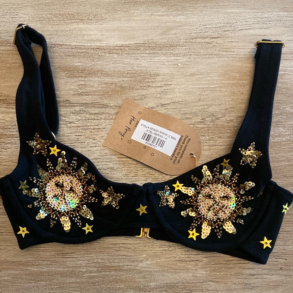 Sequin Sun Embellished Underwire Bra & Matching Arm Band Jingle Set - Black